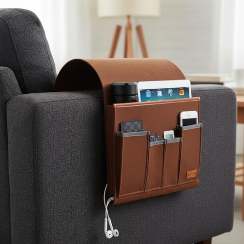 Sofa Armchair Caddy & Remote Control Holder - Armrest Organizer with Side Pocket Storage for Recliner Couch, for magazines, Tablets, Phones, Game Consoles