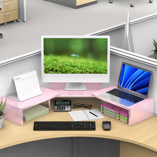 Dual Monitor Stand for Desk, Metal Monitor Riser, Pink office Supplies and Accessories (Pink) - color: Pink