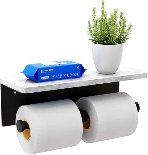 Toilet Paper Holder with Natural Marble Shelf for Bathroom Washroom,Wall Mounted Tissue Holder Suitable for Mega Roll (Matte Black, Large 11.8 * 4.7) - color: Matte Black, size: Large 11.8 * 4.7 in