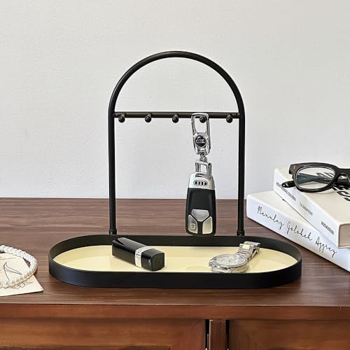 Shinpuru Metal Jewelry Organizer Stand & Key Holder Tray with Acrylic Base, Key Stand and Jewelry Tray with 5 Hooks, Perfect Key Bowl, Valet Tray, Ring Holder, Jewelry Dish (Matt Creamy) - color: Matt Creamy