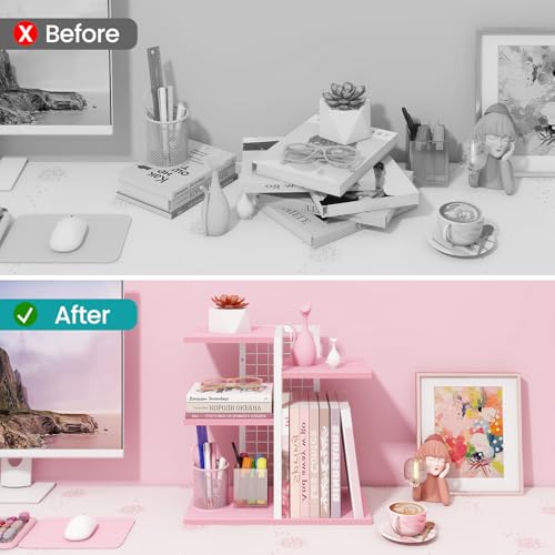 ELITEROO Desktop Bookshelf, Tiered Desk Organizer Shelf, Wooden Tabletop Bookshelf Small Desk Book Shelf, Dresser Top Organization Storage Rack and Desk Decorations for Women Office, Pink - color: Pink