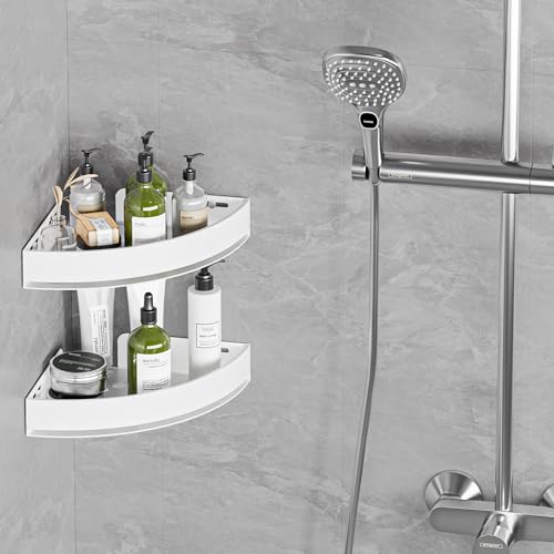 Wisfame Aluminium Shower Corner Shelves - Rustproof Shower Caddy No Drilling Installation Shampoo Holder, White Shelves for Wall for Bathroom Storage,Holds 20LB - color: White