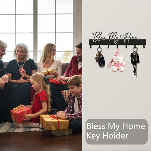 Exquisite Fashion Phrase Key Holder Wall Mount,Bless My Home Key Hooks for Wall Decoration,Black Metal Key Hanger with 7 Hooks for Entryway,Office,Living Room Decor - color: Bless My Home