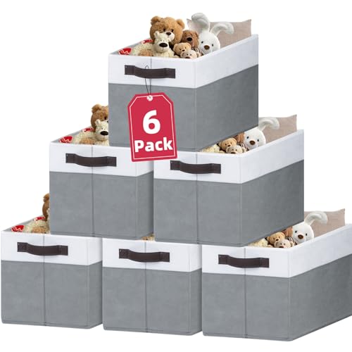 Criusia 6 Pack Clothes Bins for Organization - 16x12 Extra Large Storage Baskets for Shelves Closet Bedroom - Toy Storage Organizer Bins Boxes Cubes for Nursery - RV Apartment Essentials - color: White with Grey, size: 6pcs - Rectangular 16"x12"