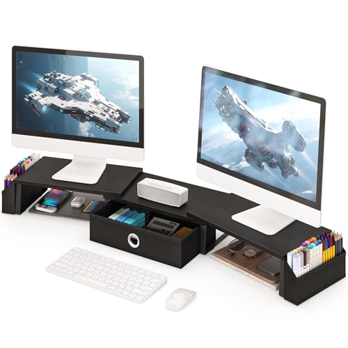 Dual Monitor Stand Riser w/ Drawer & Metal Leg, Large Computer Monitor Riser w/ Storage For 2 Monitors, Desk Shelf For Monitor w/ Adjustable Length & Angle, Desktop Organizer For Laptop/TV/Printer