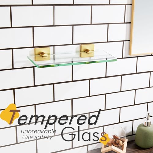 KOKOSIRI Wall Shelves 12 Inches Tempered Glass Shelf Floating Rack for Kitchen Storage Home Decor Bathroom Hardware, Gold Stainless Steel B1107BG-L12 - color: Brushed Gold, size: 12-Inch