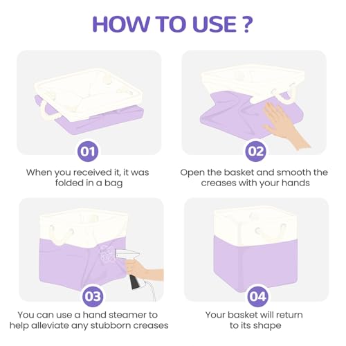 12 x 12 Inch Cube Storage Bins, 4 Pack Fabric Storage Basket with Handles, Foldable Boxes Organizer for Shelf Baskets for Home, Clothes (White/Purple) - color: WhitePurple, size: 12inX12inX12in-4P