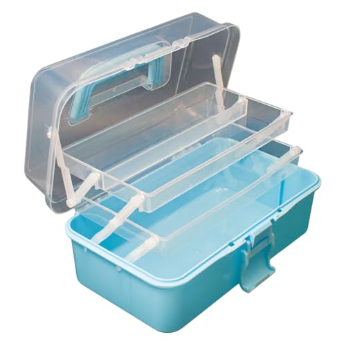 ANGELS CRAFT Clear Plastic Container 3 Layers Organizer Box - Ideal for Beads, Art Supplies, DIY Crafts, Jewelry and Small Items - 15 x 9 x 7.5” - size: 3 Layers - Blue, 15 Inch