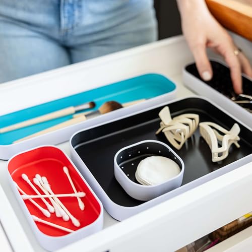 Three by Three Seattle 10 Piece Metal Organizer Tray Set for Storing Makeup, Stationery, Utensils, and More in Office Desk, Kitchen and Bathroom Drawers (1 Inch, Blue Black Red and Dots) - color: Blue, Black, Red, Dots, size: 10 Piece