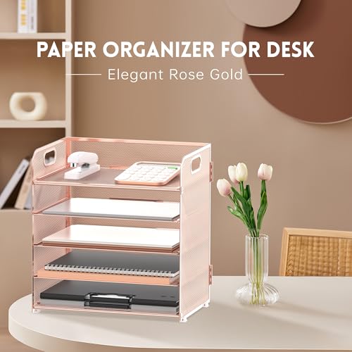 Supeasy 5 Trays Paper Organizer Letter Tray with Handle-Mesh Desk File Organizer, Paper Sorter Desk Organizer for Office, Home or School (Rose Gold) - color: Rose Gold