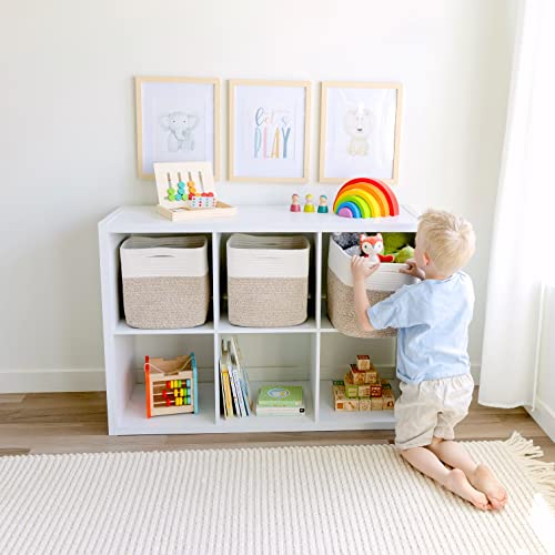 NaturalCozy Storage Cubes 11 Inch Cotton Rope Woven Baskets for Organizing, 3-Pack | Cube Bin Square Shelves Organizer, Classroom, Kids Toy Bins, Closet, Baby Nursery - color: Off White & Mixed Brown