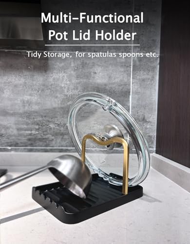 Anti-Rust Metal Spoon Rest with Lid Holder, Heat-Resistant Pot Lid Rest, Multifunctional Spatula Holder While Cooking for Stovetop and Kitchen Counter – Black Gold - color: GOLDBLACK