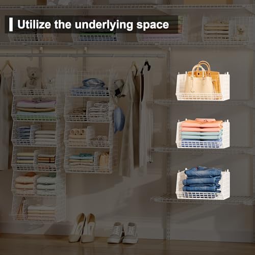 6 Tier Extra Large Hanging Closet Organizer, Closet Storage Hanging with Dividers, Wire Closet Shelf with 5 S Hooks 4 Dividers,Sweater Handbag Hat Accessory Storage Hanger,White - color: White, size: 6-Tier