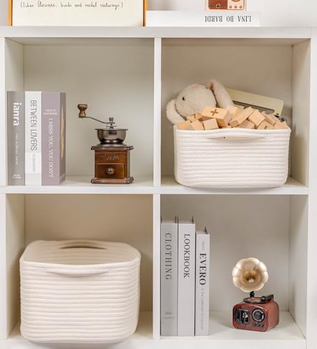 CubesLand Woven Cotton Rope Basket for Laundry, Book, Nursery, Clothes, Shoes, Toys Organizing and Bedroom Home&Living Room Decor, with Durable Handle, Rectangular 14x10x7.08IN White - color: White, size: 14''x10''x7.08''