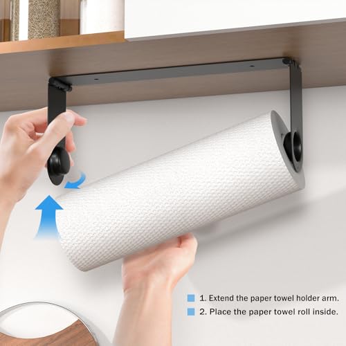 Paper Towel Holder Under Cabinet, Wall Mount Paper Towels Holder for Kitchen Under Counter, Self Adhesive and Drilling, Heavy-Duty Hanging Paper Towel Roll Holder Inside Cabinet Door, Black
