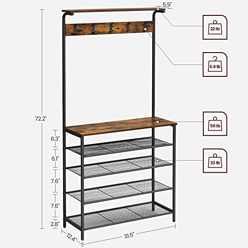 VASAGLE Hall Tree with Shoe Bench, Coat Rack Shoe Bench, 5-Tier Shoe Rack Different Heights, 5 Dual Hooks, Top Shelf, Entryway Organizer, Hallway Bedroom Dorm, Rustic Brown and Black UHSR408B01 - size: 31.5”W