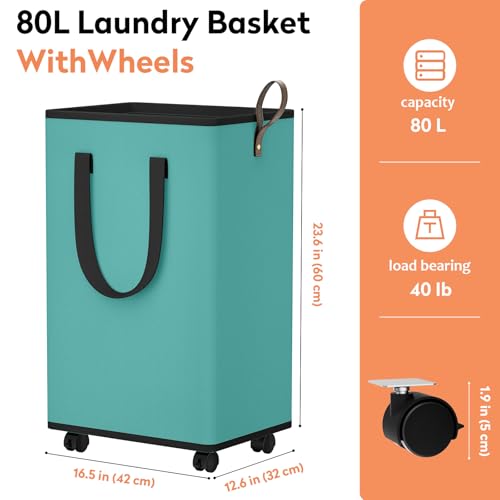 SpaceTrove Laundry Basket with Wheels, Collapsible Laundry Baskets, Laundry Hamper with Handles Detachable Wheels, Rolling Laundry Basket, Dirty Clothes Hamper for Bathroom, Dorm, Bedroom, Green, 80L - color: Green, size: 80L