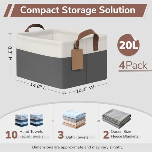 CHICVITA 4 Pack Storage Baskets for Shelves, Closet Organizers and Storage Bins with Handles, Fabric Toy Bins for Nursery Living Room, 14.8" x 10.3" x 8.3", Gray & White - color: Gray & White, size: 20L (14.8"L x 10.3"W x 8.3"H)