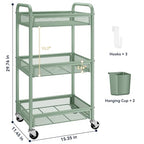 YASONIC 3 Tier Rolling Cart – Metal Utility Storage Carts with Wheels, Craft Carts Organizer with Hanging Cups, Hooks, Mesh Basket for Bedside Kitchen Office Art, Green - color: Green