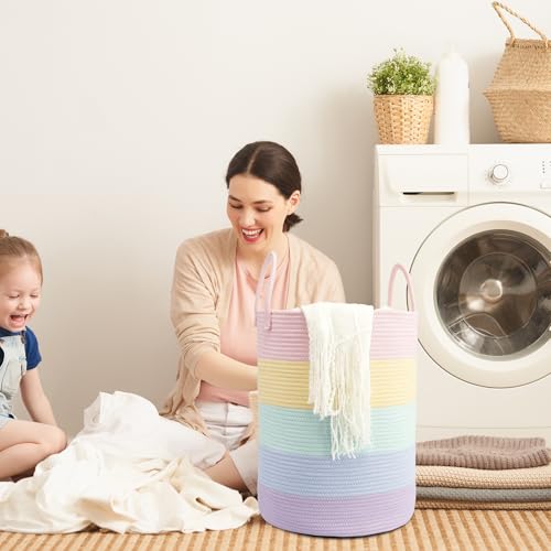 Woven Cotton Rope Laundry basket-15”X20” Laundry Hamper-Rope Storage Basket for Dirty Clothes, Toys and Blankets Perfect for Bathroom, Baby nursery and Living Room Storage (light rainbow) - color: light rainbow, size: regular