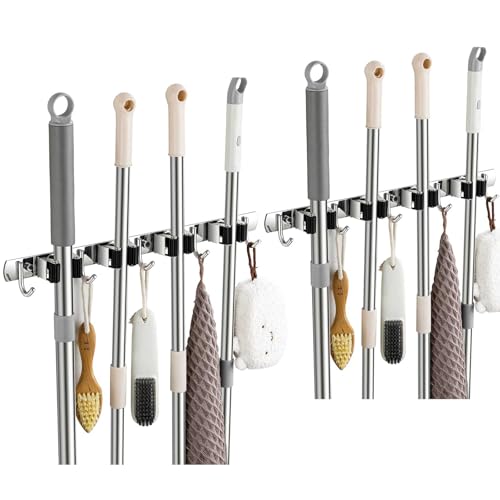2 Pack Broom Holder Wall Mount, Stainless Steel Broom Hanger Wall Mount, Heavy Duty Mop and Broom Holder Tool Racks Utility Hooks for Laundry Room Garden Garage, Black (4 Racks and 5 Hooks) - color: Black, size: 2Pack 4R5H