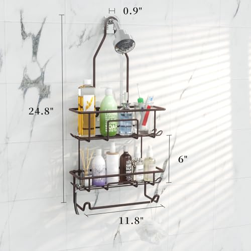 Shower Caddy Hanging over Shower Head Rust Roof Shower Organizer with 10 Hooks for Razor Shampoo Holder Bathroom Shower Rack Storage Shelf with Towel Bar – Bronze - color: A-Bronze