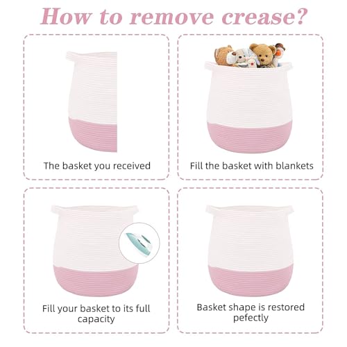 Large Cotton Rope Basket, Woven Storage Basket for Toy, Laundry and Blanket Organizer, Round Hamper Basket with Handles for Kid's Room 17.7"x16.9" - color: pink, style: Minimalist