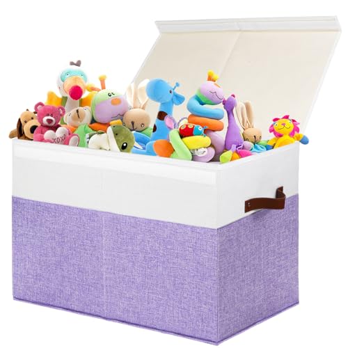 Large Toy Box with Lid, Sturdy Toy Storage Chest Bin Boxes Organizer Basket with Dividers for Toddlers, Kids, Boys, Girls, Nursery, Living Room, Bedroom, Playroom 25"x13" x16" (Purple and White) - color: Purple and White, size: 25"x13" x16"