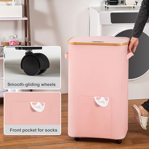 Vincona Laundry Basket with Wheels, Tall Dirty Clothes Hamper on Wheels, Rolling Laundry Hamper with lid for Dorm, Bedroom and Bathroom (Pink, 100L) - color: Pink, size: 100L