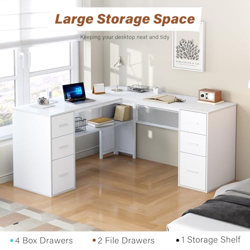 HSH White L Shaped Desk with Drawers Shelves, Large Home Office Corner Computer Desk with Storage File Cabinet, Modern Metal Wood Desk for Executive Writing Study Workstation, 59 Inch Bedroom Table - color: White Oak