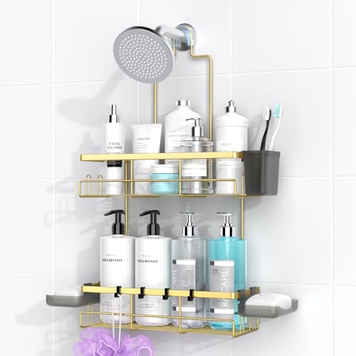 AKTECKE Shower Caddy Hanging Bathroom Organizer: Rustproof Shelf for Inside Shower - No Drilling Racks Over Showerhead - Bath Shelves for Shampoo Soap Gold - color: Gold