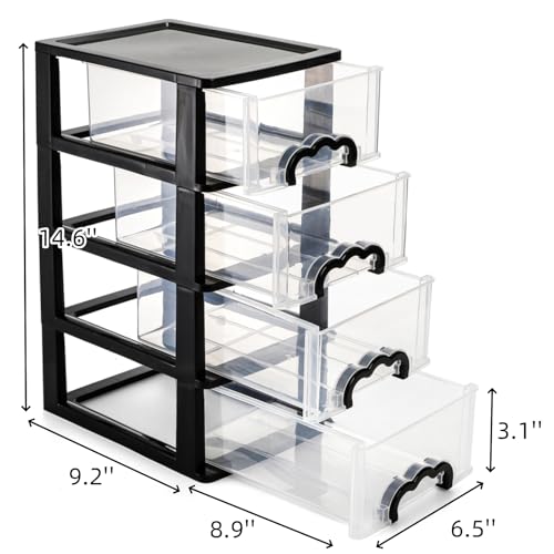Cididu Desktop Organizer with 4 Drawers, Clear Plastic Storage Drawer Unit, Small Desk Organizer Storage Box, Durable Storage Bin Container Case for Countertop Stationery Pens Makeup Office Supplies