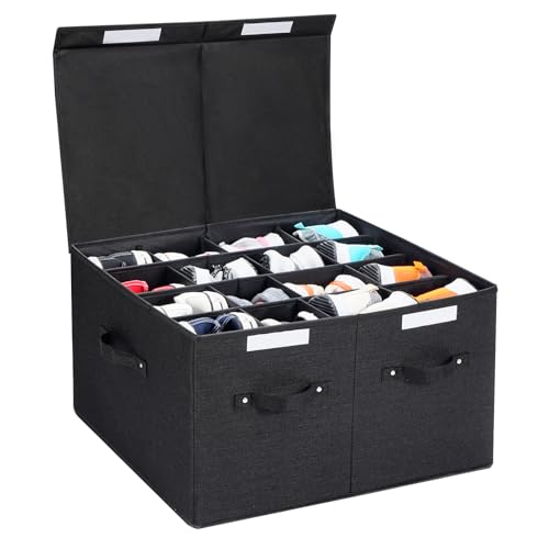 Shoe Organizer for Closet, Foldable Shoe Storage Box with Adjustable Dividers, Large Space Saving Shoe Storage Container Fits up to 16 Pairs with Reinforced Handles (Black) - color: Black