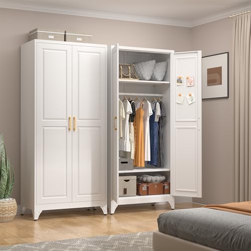 UNICOLY Armoire Wardrobe Closet with Doors, 71'' Wardrobe Cabinet with Hanging Rod, Metal Closet with 2 Adjustable Shelves for Bedroom School, Employee, Gym, Armarios De Ropa para Dormitorio, White - color: White, size: 71 Inch square-J with 0 Drawers