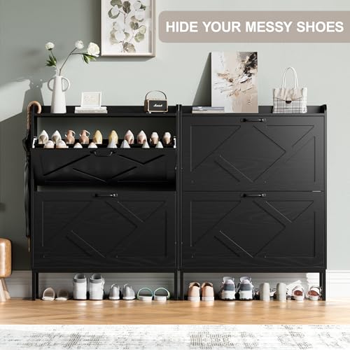 Nicetree Shoe Storage Cabinet with 2 Flip Drawers, Freestanding Shoe Organizer, Shoe Cabinet with Metal Legs, Farmhouse Slim Shoe Cabinet for Entryway, Foyer, Hallway, Black - color: Ebony, style: 2-Drawers