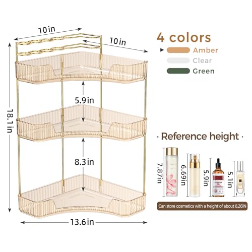 BEFSOP Corner Bathroom Counter Organizer, Upgraded 3-Tier Makeup Organizer Countertop with Makeup Brush Holder, Skincare Exquisite Vanity Organizers Countertop Bathroom Storage Dresser(GOLD) - color: Gold, size: 3 Tier