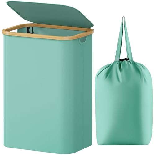 Lifewit 80L Laundry Basket with Lid, Clothes Hampers for Laundry with Bamboo Handles and 1 Removable Bag, Large Foldable Laundry Hamper for Bedroom, Bathroom, Dorm, Laundry Room, Sage Green - color: Sage Green, size: 80L