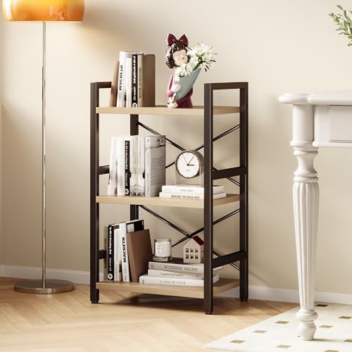 Homeiju Bookshelf, 3 Tier Industrial Bookcase, Metal Small Bookcase, Rustic Etagere Book Shelf Storage Organizer for Living Room, Bedroom, and Home Office(Light Coffee) Patent Pending D29873033 - color: Light Coffee, size: 3 Tier