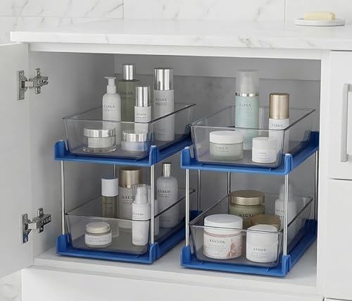 2 Pack Bathroom Organizer,2 Tier Blue Under Sink Organizers Vanity Countertop Storage Container,Cabinet Drawers Bins, Pull-Out Organization with Track for Pantry, Kitchen - color: Blue, size: 2 Pack
