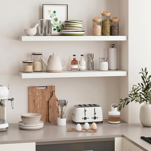 Fixwal Floating Shelves for Wall, 35" Long Heavy Duty Wall Mounted Rustic Wood Shelves for Living Room, Bedroom, Bathroom and Kitchen, for Storage, Books, Room Decor (White, Set of 2) - color: White, size: 35in