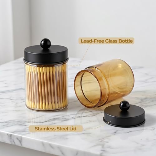 Amolliar 4 Pack Apothecary Jars Bathroom Vanity Storage Organizer Set -Countertop Canister with Stainless Steel Lids &Stickers Qtip Dispenser Holder for Cotton Swab (Amber-black Lid) - color: Amber-Black Lid P1