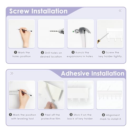 VIS'V Key Holder Wall Mount, Compact Adhesive Key Rack with Tray, 6 Hooks, 2 Mount Options, White - color: White