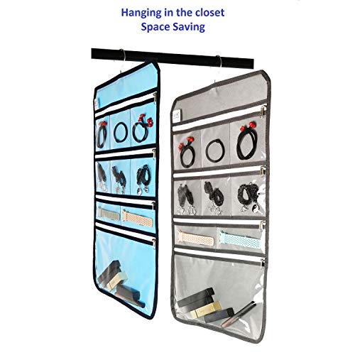 Travel Foldable Jewelry Rolls Bag Hanging Jewelry Organizer with 9 Zippered Clear Pockets Storage Pouch with Rotatable Hanger (BLUE) - color: BLUE