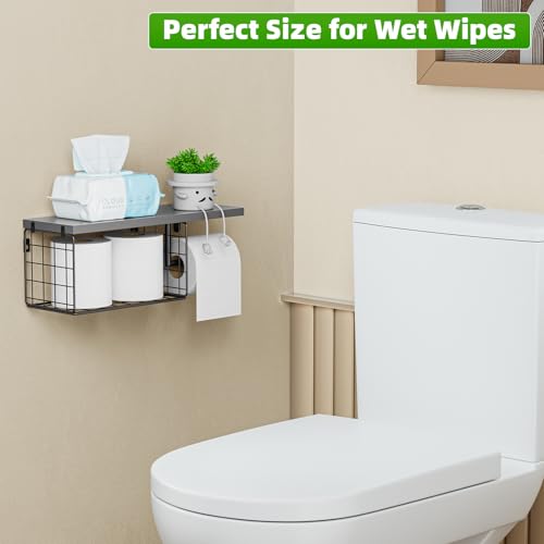 VITVITI Toilet Paper Holder with Shelf, Wall Mounted Toilet Paper Storage Basket, Wood Metal Toilet Roll and Wipes Holder for Bathroom Farmhouse (Gray) - color: Gray
