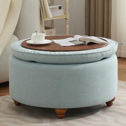 WUTUTUEE 30Inch Round Storage Ottoman with Tray, Modern Tufted Fabric Circle Coffee Table with Storage, Upholstered Ottoman with Removable Top for Living Room, Bedroom, Light Blue - color: Blue, size: 30 Inch