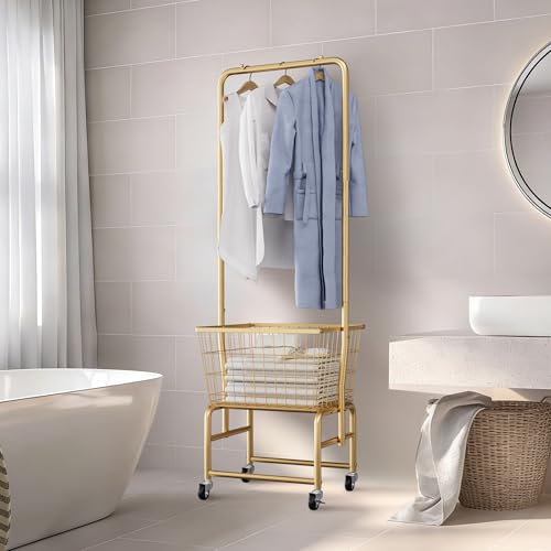 Rolling Laundry Cart with Wheels, Laundry Hamper Basket Organizer with Clothes Hanging Rack, Wire Storage Cloth Shelf Butler, Golden - color: Golden