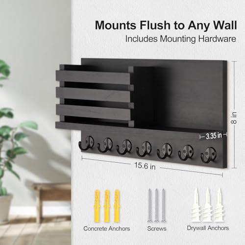 Lwenki Key Holder for Wall – Decorative Wooden Mail Holder and Key Shelf with Mounting Hardware, Installation Guide – Paulownia Wood with Metal Key Hooks (Black, Extra Large - 15.6inch) - color: Black, size: Extra Large - 15.6inch