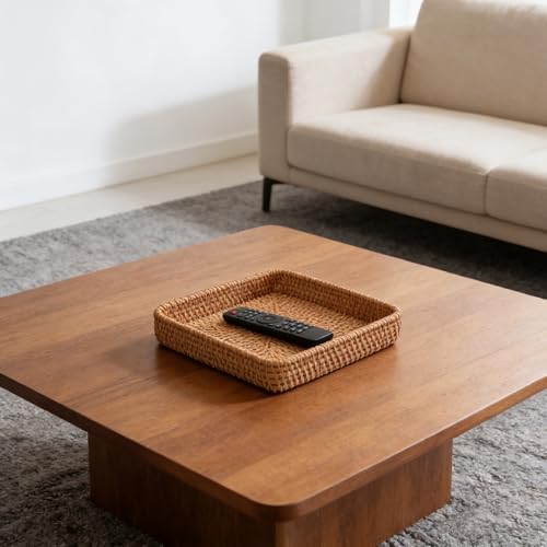8 Inch Square Rattan Basket Handwoven Serving Tray Storage Blasket Decorative Tray for Home Decor, 8.3"x8.3" - color: Basic, size: 8.3" x 8.3" x 1.6"