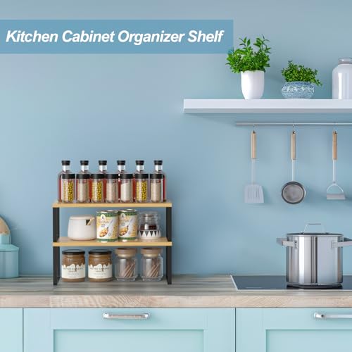 NEX Cabinet Shelf Organizer Set of 2, Kitchen Counter Shelves Spice Rack, Stackable, Expandable, Kitchen Pantry Cupboard Storage Organization, Black and Natural - color: Black + Natural Beige, size: 15.6''W