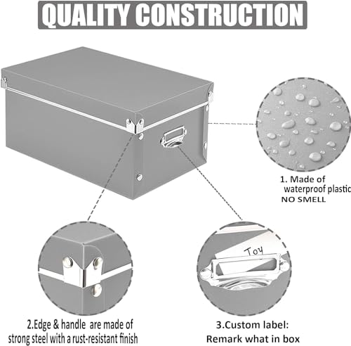 XUCHUN Storage Box with Lid 3 Pack, Foldable Plastic Storage Bins with Lids, Stackable Collapsible Keepsake Box for Photos Office Bedroom, 3 Sizes - Gray - color: grey 3 pcs